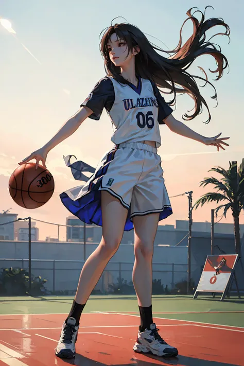 (8k, best quality, masterpiece:1.2), (realistic, photo-realistic:1.37), ultra-detailed,best quality, ultra high res, professional lighting, photon mapping, radiosity, physically-based rendering, cinematic lighting,
basketball court,depth of field, sharp focus,sunbeam, good composition,(bokeh:1.2)
1girl,solo,(full body), (closed mouth),beautiful detailed eyes, pose, narrow waist,basketball uniform,
black hair,messy hair,long hair floating in wind,(ulzzang-6500:1.2)