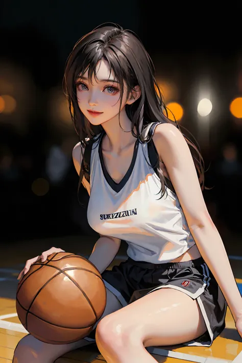 (8k, best quality, masterpiece:1.2), (realistic, photo-realistic:1.37), ultra-detailed,best quality, ultra high res, professional lighting, photon mapping, radiosity, physically-based rendering, cinematic lighting,
basketball court,depth of field, sharp focus,sunbeam, good composition,(bokeh:1.2)
1girl,solo,(full body),beautiful detailed eyes, smile face, pose, narrow waist, medium breast, see through, (sexy transparent tank-top basketball uniform),
black hair,messy hair,long hair floating in wind,(ulzzang-6500:1.2)