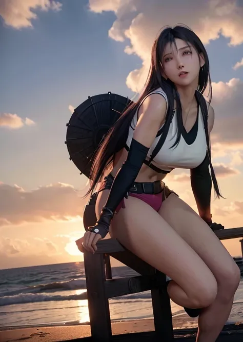 (8k, best quality, masterpiece:1.2), (realistic, photo-realistic:1.37), tifa lockhart, sitting on a rich car, small breasts, A cup, ultra-detailed, 1 girl, cute, solo,beautiful detailed sky, dating,(nose blush),(smile:1.15),(closed mouth),(collared shirt:1.1), (short hair:1.3),(floating hair NovaFrogStyle:1.2), jk,pink light, wet, park, reflective iris, red iris, looking at camera, tifa original outfit, beach background, light on face, strong arms, muscular arms, tifa original outfit, full body