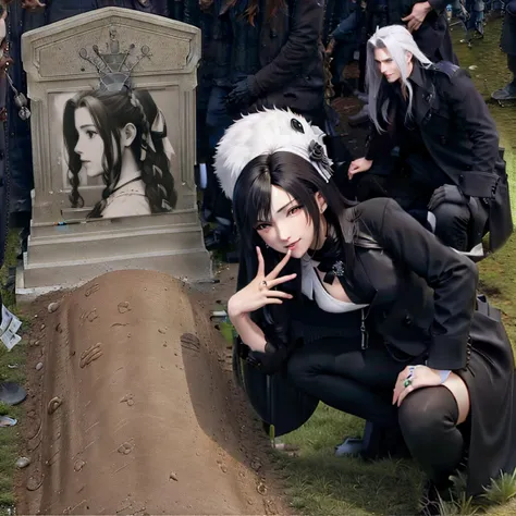 <lora:GrantGustinNextToOliverQueensGraveMeme:0.8>QUEENSGRAVEMEME, (V), SMILE, <lora:SephirothFinalFantasy0:0.4> Sephiroth (Final Fantasy), Sephiroth, long silver hair, <lora:tifaMeenow_tifaV1:1>, corneo_aerith
