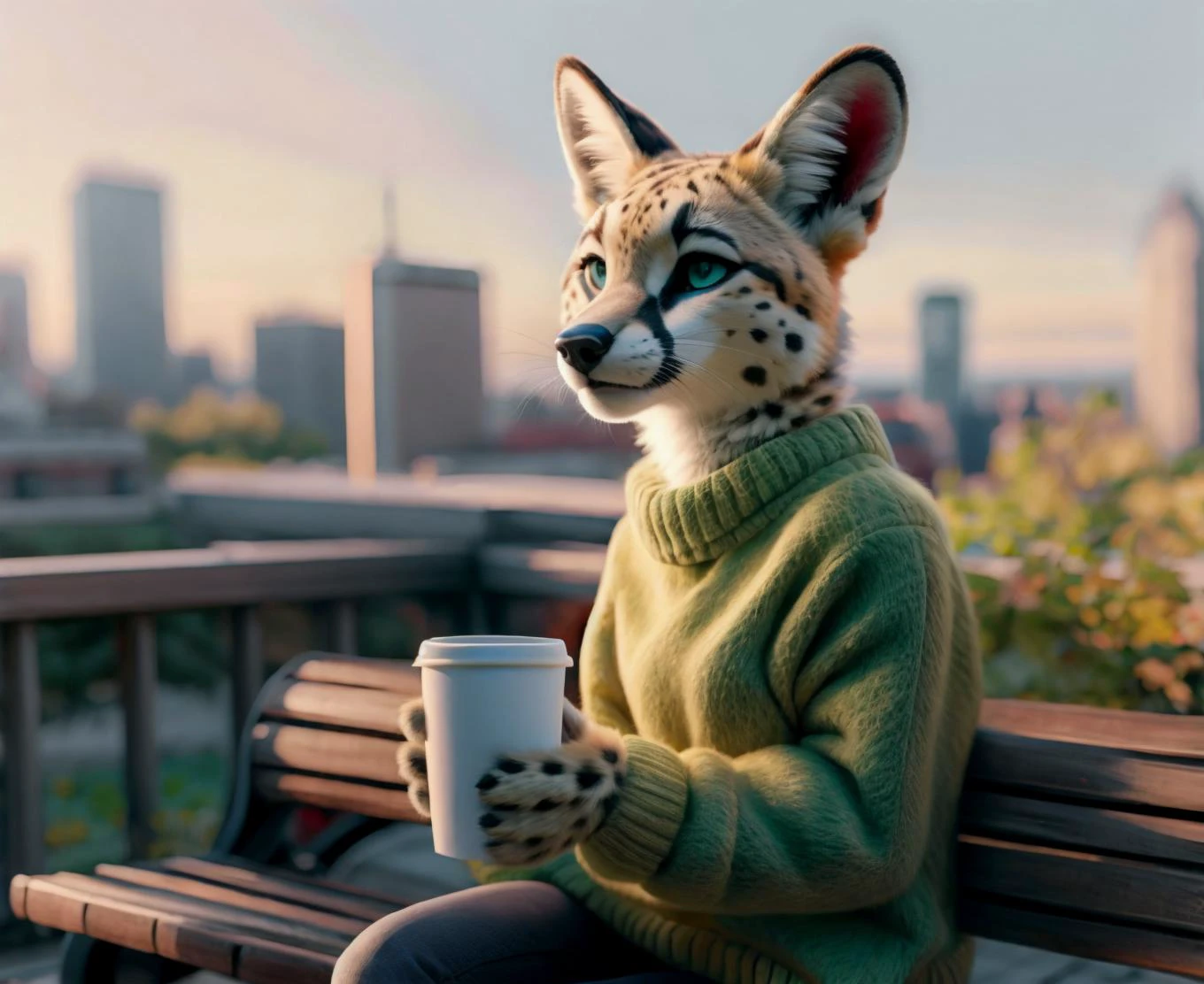 Furry Serval female, 1girl, green sweater, fall season, yellow leaves, sitting on a bench, drinking coffee, paper cup, windy, city in background, furry art, trending on furaffinity, masterpiece, high quality, best quality, <lora:fluffyrock-quality-tags-v4:0.8> best quality, good quality, gorgeous eyes, perfect eyes,