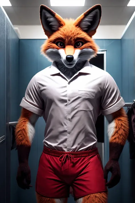 cinematic photo hyperdetailed,anime style,furry,yiff,e621,fox,male,white shirt,red shorts,detailed cute face,detailed eyes,full body pose,standing,in a changing room,masterpiece,cinematic shot,professional photography,raw photo, . 35mm photograph, film, bokeh, professional, 4k, highly detailed