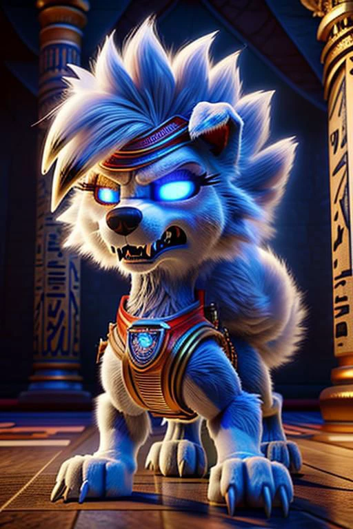 A female white Lycanroc, quadruped, feral, 4 legs, white fur, white body, white skin, hair over eyes, pawstyle, paw patrol, long fluffy tail, tail up, very furry and fluffy, showing theets, very large fangs, front side view, blue eyes, shiny eyes, Pixar eyes, glowing eyes, standing, spread legs, angry face expression, snarling, very aggressive female, brave pose, valiant pose, she is about to fight, perfect ligthing, on an egyptian room, sharp teeth, very large claws, wearing silver earrings, dreesed as egyptian warrior, egyptian jewellery, she is protecting a great goddess deity behind her, (pixarstyle:1.25), dimwitdog, thesecretcave, cooliehigh, iskra,