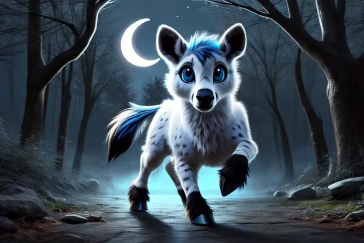 e621, cervid, blue fur, white spots, female, feral, big eyes, blue eyes, black nose, hooves, solo, chibi, action pose, detailed background, forest, outside, night, crescent moon, by cate wurtz, lineless