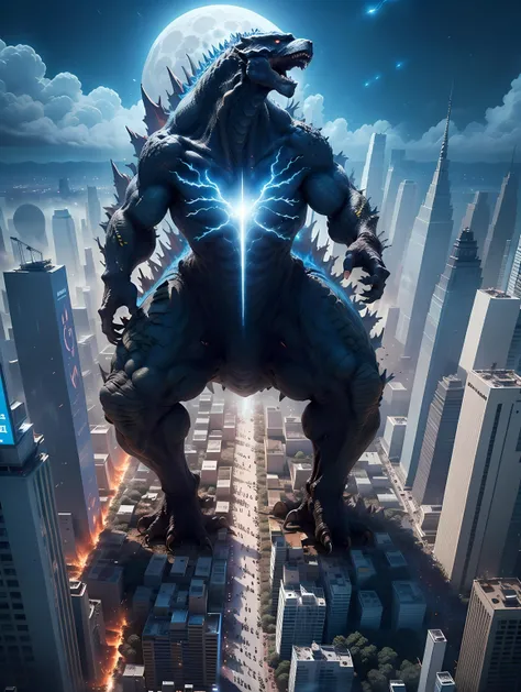 ((best quality)),((masterpiece)),((highres)),((detailed)),no humans,weapon,blue theme,Jet energy beam, GodzillaXP, GZBD,monster,godzilla, full body, blue eyes,yellow spines, in city center,moon,fire,explosion, Aerial view , <lora:GodzillaXP_v1.0:0.8> GodzillaXP