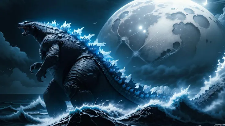 ((best quality)),((masterpiece)),((highres)),((detailed)),no humans, 
GodzillaXP, GZBD, monster,godzilla,  full body, blue eyes,long yellow spines,long tail, open mouth,head up,roaring, growling,  from side, 
in sea,moon,
