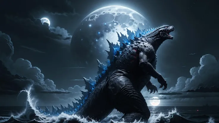 ((best quality)),((masterpiece)),((highres)),((detailed)),no humans,
GodzillaXP, GZBD, GZHD,monster,godzilla,  full body, red eyes,long blue spines, open mouth,head up,roaring, growling, from side,
in sea,moon,