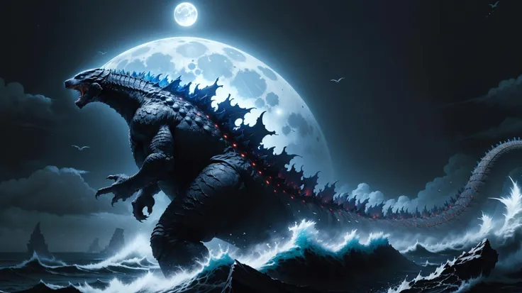 ((best quality)),((masterpiece)),((highres)),((detailed)),no humans,
GodzillaXP, GZBD, monster,godzilla, full body, red eyes,long red spines,long tail, open mouth,head up,roaring, growling, from side,
in sea,moon,
