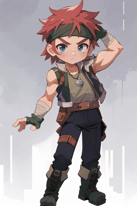 <lora:agatesora:1>masterpiece, best quality, agatesora, 1boy, head band, vest, shoulder armor, sleeveless shirt, necklace, bandages, fingerless gloves, pants, boots, full body, chibi, aged down, muscular male, dynamic pose, dancing,