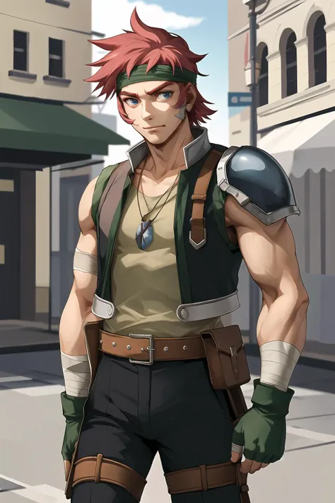 <lora:agatesora:1> masterpiece, best quality, agatesora, 1boy, head band, vest, shoulder armor, sleeveless shirt, necklace, bandages, fingerless gloves, pants, dynamic pose, street,