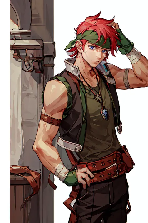 <lora:agatesora:1> masterpiece, best quality, agatesora, 1boy, head band, vest, shoulder armor, sleeveless shirt, necklace, bandages, fingerless gloves, pants, dynamic pose, street, hands on hips,
