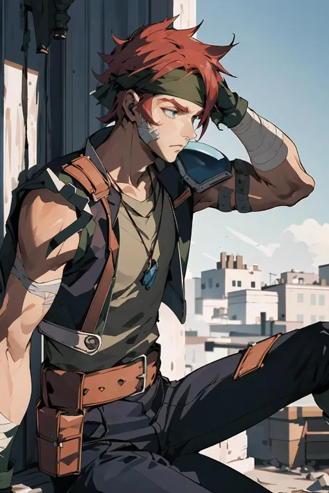 <lora:agatesora:1> masterpiece, best quality, agatesora, 1boy, red hair, head band, vest, shoulder armor, sleeveless shirt, necklace, bandages, fingerless gloves, pants, dynamic pose, blue sky,