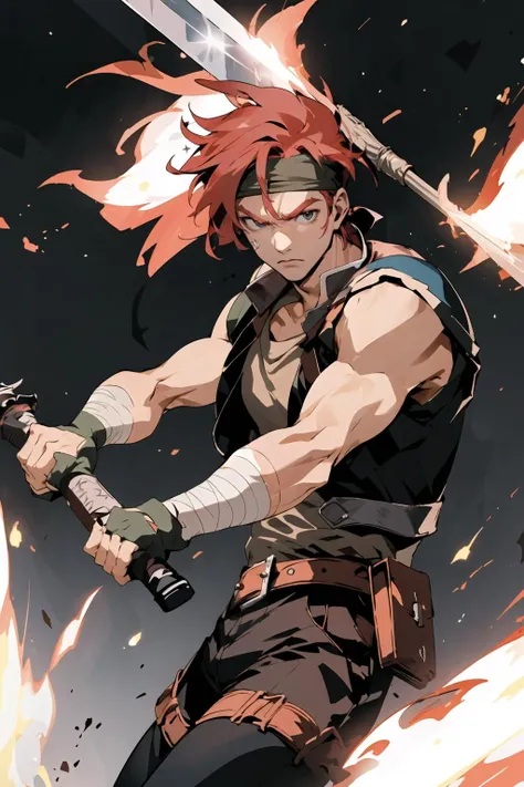 <lora:agatesora:1> masterpiece, best quality, agatesora, 1boy, red hair, head band, vest, shoulder armor, sleeveless shirt, necklace, bandages, fingerless gloves, pants, dynamic pose, sky, (huge weapon, holding weapon:1.3), fighting stance, fire, sparkle,
