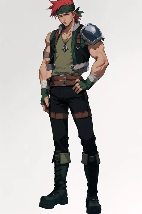<lora:agatesora:1> masterpiece, best quality, agatesora, 1boy, head band, vest, shoulder armor, sleeveless shirt, necklace, bandages, fingerless gloves, pants, boots, full body, dynamic pose, hand on hip