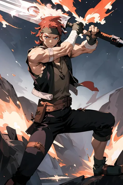 <lora:agatesora:1> masterpiece, best quality, agatesora, 1boy, red hair, head band, vest, shoulder armor, sleeveless shirt, necklace, bandages, fingerless gloves, pants, dynamic pose, sky, (huge weapon, holding weapon:1.3), fighting stance, fire, sparkle,