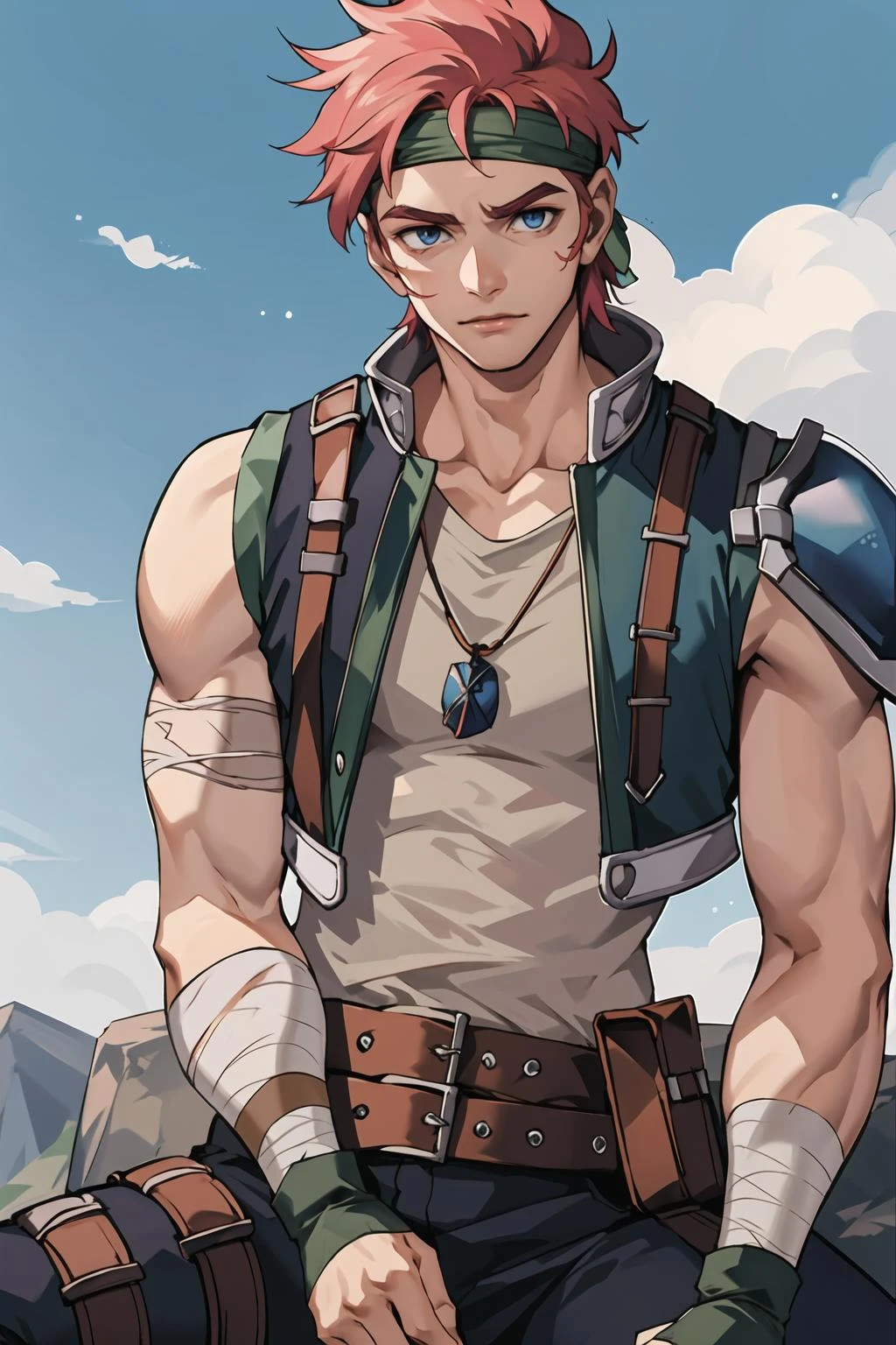 <lora:agatesora:1> masterpiece, best quality, agatesora, 1boy, head band, vest, shoulder armor, sleeveless shirt, necklace, bandages, fingerless gloves, pants, dynamic pose, blue sky,