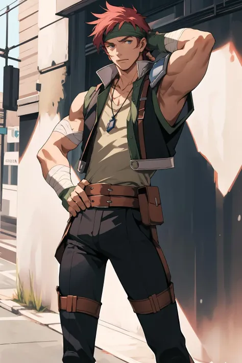 <lora:agatesora:1> masterpiece, best quality, agatesora, 1boy, head band, vest, shoulder armor, sleeveless shirt, necklace, bandages, fingerless gloves, pants, dynamic pose, hand on hip