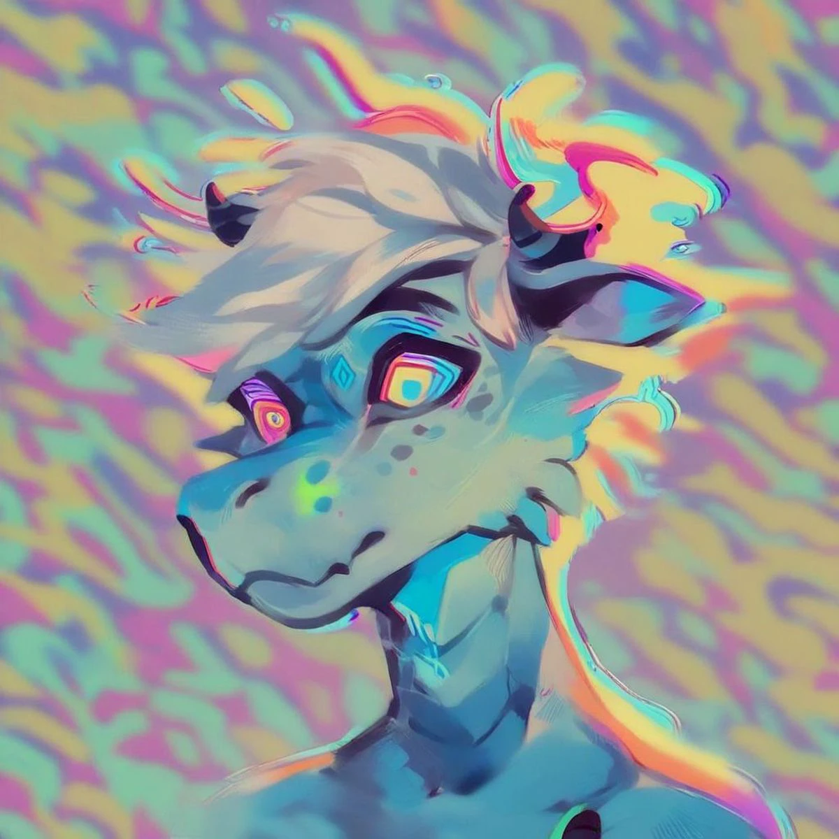 score_9, score_8_up, score_7_up, score_6_up, score_5_up, score_4_up, score_9, male, solo, (anthro, dragon, blue scales, white hair, black horns), overdoser, drug trip,vpsychedelic, art, trippy, implied drug use