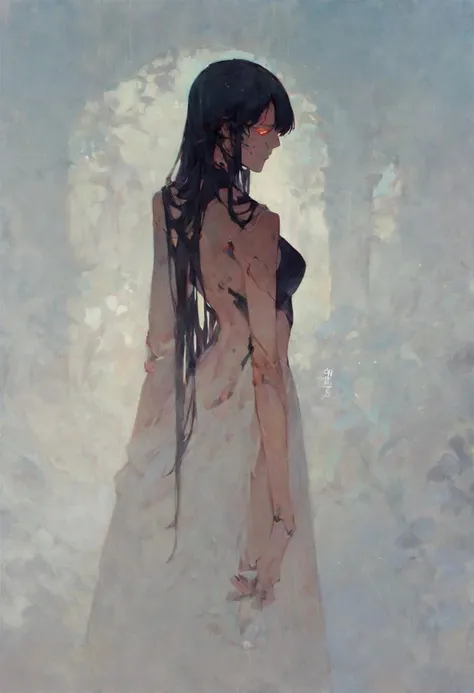 score_9, score_8_up, score_7_up, score_6_up, Album cover designs, portrait, woman, slender, long black hair, wearing a black dress, robot face