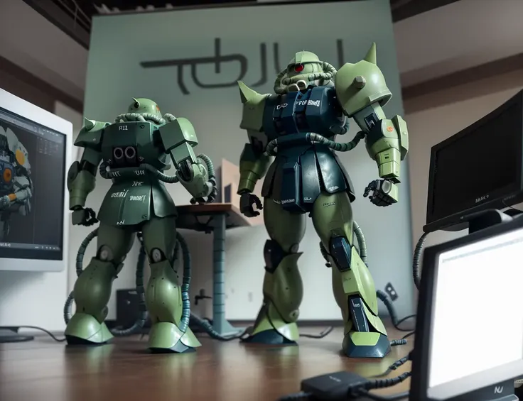 Best quality, masterpiece, mecha, single monitor, cartoon of mecha posing inside a computer monitor, table, flowers, chairs<lora:zaku:1>