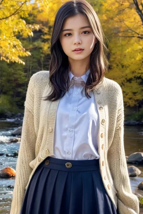 1girl,wearing a cardigan and long skirt,
(RAW photo, best quality), (realistic, photo-realistic:1.4), masterpiece, an extremely delicate and beautiful, extremely detailed, 2k wallpaper, Amazing, finely detail, extremely detailed CG unity 8k wallpaper, ultra-detailed, highres, soft light, beautiful detailed girl, extremely detailed eyes and face, beautiful detailed nose, beautiful detailed eyes,cinematic lighting,
autumn scenery,by a small rocky river,perfect anatomy,slender body, <lora:konnoayaka_lora:0.7> <lora:more_details:0.4>