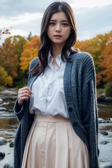 1girl,wearing a cardigan and long skirt,
(RAW photo, best quality), (realistic, photo-realistic:1.4), masterpiece, an extremely delicate and beautiful, extremely detailed, 2k wallpaper, Amazing, finely detail, extremely detailed CG unity 8k wallpaper, ultra-detailed, highres, soft light, beautiful detailed girl, extremely detailed eyes and face, beautiful detailed nose, beautiful detailed eyes,cinematic lighting,
autumn scenery,by a small rocky river,perfect anatomy,slender body, <lora:konnoayaka_lora:0.7> <lora:more_details:0.4>