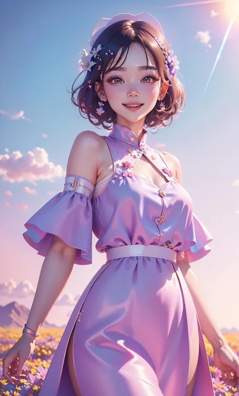 masutepiece, Best Quality, Ultra-detailed, finely detail, (((big size pink knit sweater))),(((((short-cut)))))、(((Super high detail and beautiful face)))、hight resolution, 8K Wallpaper, Perfect dynamic composition, Colossal tits、Natural Color Lip,(())(Wearing a floral dress,sneakers:1.3),(),drawn action: (The girl must be running happily in the field...............,Enjoy the sunset:1.4),I want to convey a fun atmosphere,(The wind blows her short hair:1.4),17 years old girl,(Smile:1.3),Above the waist shot