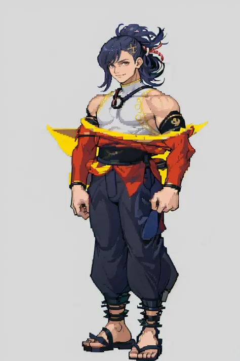 masterpiece, best quality, solo, 1boy, looking at viewer, smile, <lora:KagetsuFE:0.8>, defKagetsu, hair ornament, hairclip, japanese clothes, black pants, ponytail, bare shoulders, detached sleeves, <lora:Cps2V3test_Fp:0.8>, full body, simple background, standing