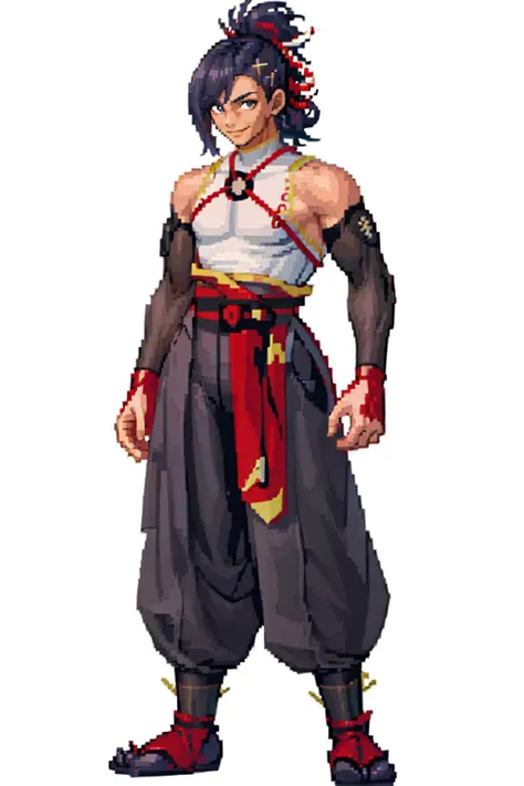 masterpiece, best quality, solo, 1boy, looking at viewer, smile, <lora:KagetsuFE:0.8>, defKagetsu, hair ornament, hairclip, japanese clothes, black pants, ponytail, bare shoulders, detached sleeves, <lora:SNK-Kof_sprites_Fp:0.8>, simple background, full body, standing,