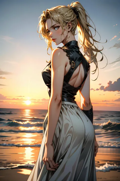 ((ultra detailed, masterpiece, absurdres))
 <lora:MKSonya:0.8>
MKSonya, 1girl, ponytail, long hair, blonde hair, looking at viewer, on a beach during a vibrant sunset, sundress, playing with the waves