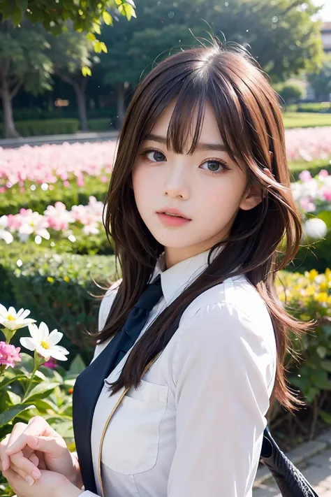 (masterpiece), best quality, expressive eyes, perfect face, 1girl, formal uniform, looking and turning to the viewer, polite majestic pose, flower garden background, <lora:WeeBNK48-02:1>