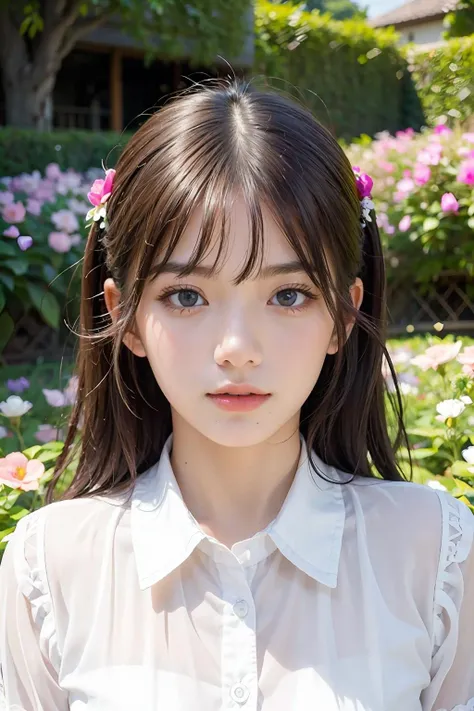 (masterpiece), best quality, expressive eyes, perfect face, 1girl, formal uniform, looking and turning to the viewer, polite majestic pose, flower garden background, <lora:WeeBNK48-02:1>