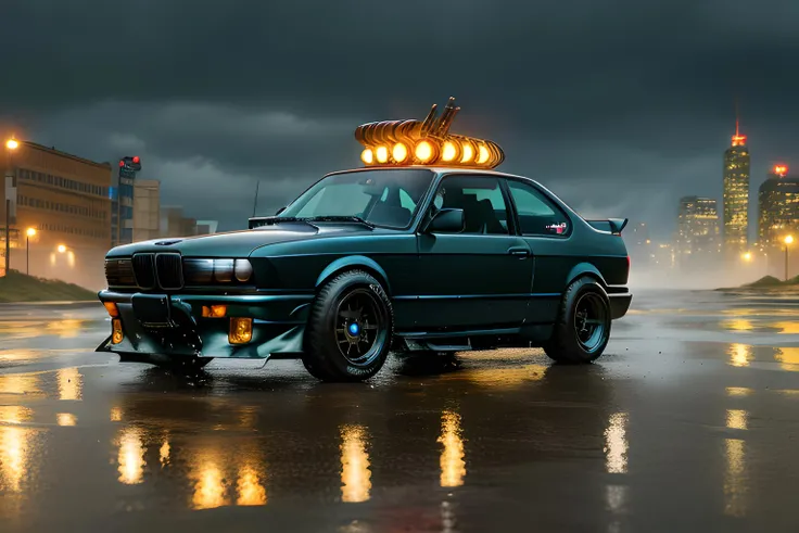 ((Best quality)), ((masterpiece)),wallpaper, 4k, realistic, rain, wet, (night time:1.2), masterpiece, best quality:1.1), ultra-detailed, (battlecar:1.1), (blackpaint:1.08), (BMW E36:1.08), vehicle focus, no humans, car, wheel, tire, debris, splash, sparks, electricity, glowing, water, dirty, 
vehicle focus, no humans, car, wheel, tire, debris, spike, rock, dirty, clean, shiny, oil slick, reflection, splash, droplets, rust, sparks, asphalt, ground vehicle, sports car, super car, mechanical <lora:battleCars_v2:1>
 ultrarealistic, hyperrealistic, epic, mythical, mythical style, last day on earth, apocalyptic city, ghost city, broken buildings, destroyed city, roads, guns, guns mounted, firing guns, fire around, city background, skyscraper background, cloudy sky, dark, raining, rain, storm,
vehicle, focus, no humans, car, wheel, tire, battlecars, cars, armored, armored cars, tanks, vehicles, wheels, apocalypse, armored vehicles
 <lora:battlecars:0.6>