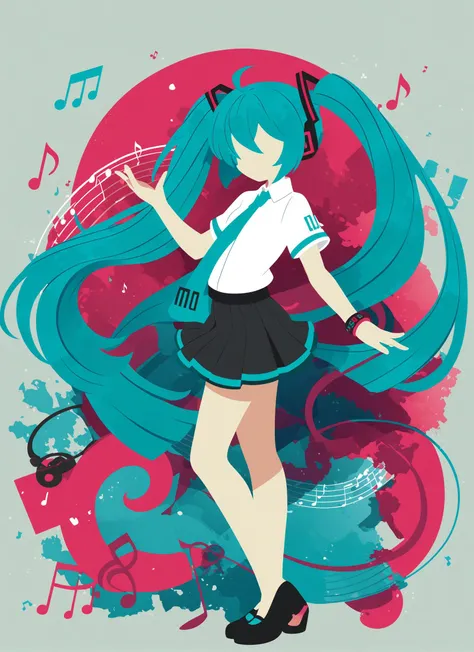 sambanekostyle, masterpiece, best quality, very aesthetic, absurdres,
simple background, hatsune miku, adult, 24 years old, skirt, music notes,
standing, full body, from side, centered composition,
<lora:SambaNekoStyle_animagineV31_v110:1>
