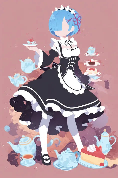 sambanekostyle, masterpiece, best quality, very aesthetic, absurdres,
(simple background:2.0), rem \(re:zero\), 24 years old, black maid uniform,
standing, full body, from side, centered composition,
tea set, teapots, cake
<lora:SambaNekoStyle_animagineV31_v110:1>