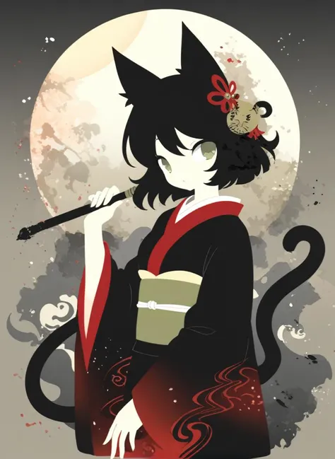 sambanekostyle, masterpiece, best quality, very aesthetic, absurdres,
1girl, cat girl, 21 years old, mature female, ink wash painting, kimono, full moon
<lora:SambaNekoStyle_animagineV31_v110:1>