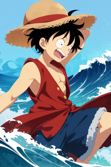 sambanekostyle, masterpiece, best quality, very aesthetic, absurdres, simple background,
monkey d. luffy,  18 years old, mature male, (adult:1.4), straw hat, red vest, shirtless, solo, waves, sea
<lora:SambaNekoStyle_animagineV31_v110:0.5>