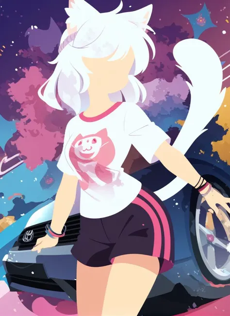 sambanekostyle, masterpiece, best quality, very aesthetic, absurdres,
1girl, cat girl, 21 years old, mature female, white fur, car ears, tshirt, shorts,
<lora:SambaNekoStyle_animagineV31_v110:1.1>