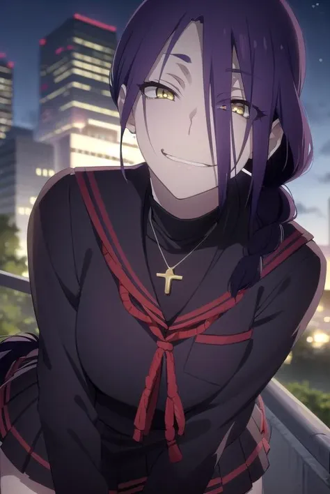 maganechikujouin, <lora:magane chikujouin s1-lora-nochekaiser:1>,
magane chikujouin, long hair, purple hair, braid, single braid, (hair over one eye:1.5), (yellow eyes:1.3), smile, grin,
BREAK skirt, thighhighs, gloves, jewelry, school uniform, earrings, serafuku, black gloves, black thighhighs, necklace, zettai ryouiki,
BREAK outdoor, city, night, sky, buildings, moon, clouds,
BREAK looking at viewer, (cowboy shot:1.5),
BREAK <lyco:GoodHands-beta2:1>, (masterpiece:1.2), best quality, high resolution, unity 8k wallpaper, (illustration:0.8), (beautiful detailed eyes:1.6), extremely detailed face, perfect lighting, extremely detailed CG, (perfect hands, perfect anatomy),
