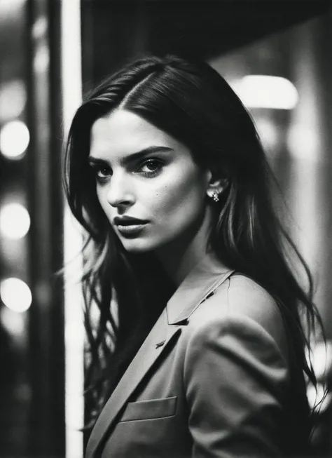 candid RAW close up portrait photo of sks woman in a (purple colored suit:1.0) on a dark street with shopping windows (at night:1.2), bokeh, Ilford Delta 3200 film, dof, high definition, detailed, intricate, flashlight, <lora:locon_emilyratajkowski_v1_from_v1_64_32:1.25>