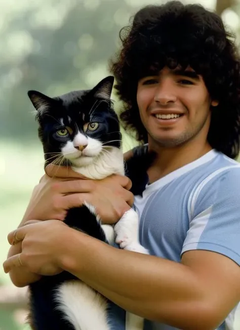 portrait of man (maradona:1) smiling, with long curly hair, holding a (cat in arms:1.3), (outdoors:1.2), natural lighting, 4k, 8k, 8k realistic, sharp focus, intricate, high resolution <lora:maradona:0.90>