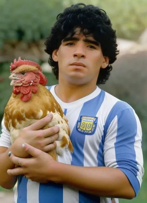 portrait of man (maradona:1), with serious look with short hair, holding a (chicken in arms:1.3), (outdoors:1.2), natural lighting, 4k, 8k, 8k realistic, sharp focus, intricate, high resolution <lora:maradona:0.90>