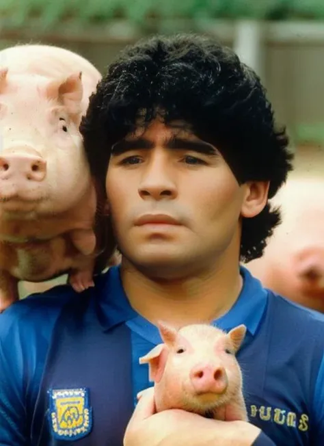 portrait of man (maradona:1), with serious look with short hair, holding a (small pig in arms:1.3), (outdoors:1.2), natural lighting, 4k, 8k, 8k realistic, sharp focus, intricate, high resolution <lora:maradona:1>