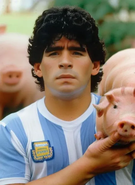 portrait of man (maradona:1), with serious look with short hair, holding a (small pig in arms:1.3), (outdoors:1.2), natural lighting, 4k, 8k, 8k realistic, sharp focus, intricate, high resolution <lora:maradona:1>