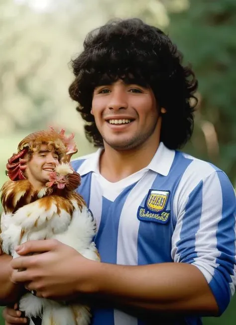 portrait of man (maradona:1) smiling, with long curly hair, holding a (chicken in arms:1.3), (outdoors:1.2), natural lighting, 4k, 8k, 8k realistic, sharp focus, intricate, high resolution <lora:maradona:0.90>