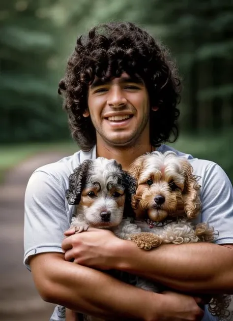 portrait of man smiling, with long curly hair, holding a (small dog in arms:1.3), (outdoors:1.2), natural lighting, 4k, 8k, 8k realistic, sharp focus, intricate, high resolution <lora:maradona:1> <lora:add_detail:1>