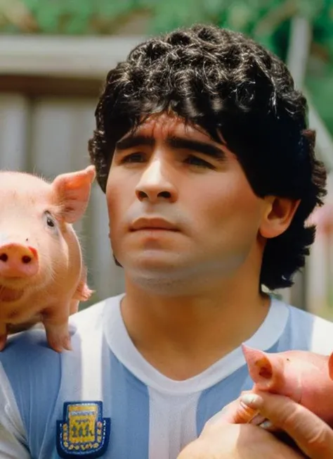 portrait of man (maradona:1), with serious look with short hair, holding a (small pig in arms:1.3), (outdoors:1.2), natural lighting, 4k, 8k, 8k realistic, sharp focus, intricate, high resolution <lora:maradona:1>