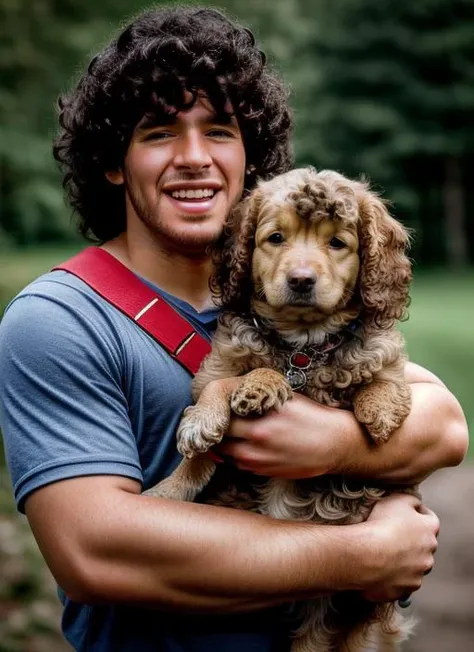 portrait of man smiling, with long curly hair, holding a (small dog in arms:1.3), (outdoors:1.2), natural lighting, 4k, 8k, 8k realistic, sharp focus, intricate, high resolution <lora:maradona:1> <lora:add_detail:1>