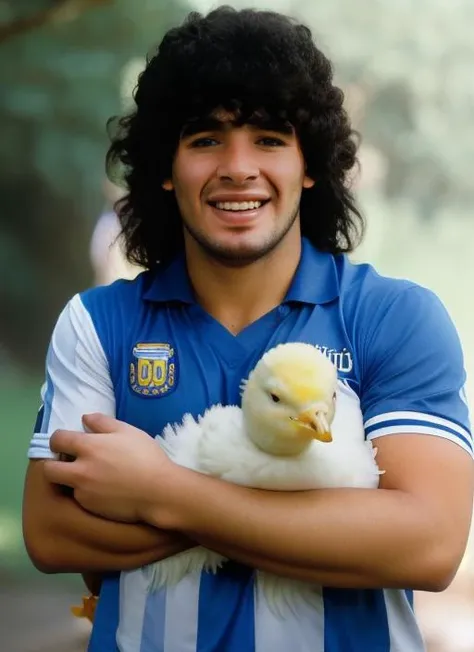 portrait of man (maradona:1) smiling, with long curly hair, holding a (chick in arms:1.3), (outdoors:1.2), natural lighting, 4k, 8k, 8k realistic, sharp focus, intricate, high resolution <lora:maradona:0.90>