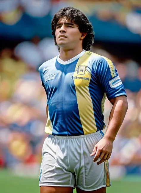 masterpiece, best quality, portrait photo of sks man playing football soccer with jersey with blue and yellow colors, 4k, 8k, 8k realistic, sharp focus, intricate, high resolution <lora:maradona:1>